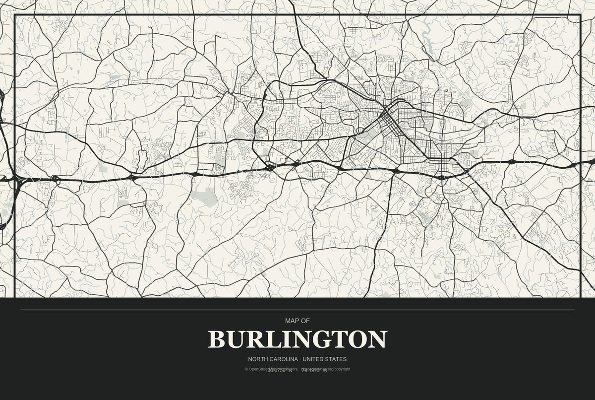 Burlington, North Carolina City Map Aluminum Sign in Museum Plaque style
