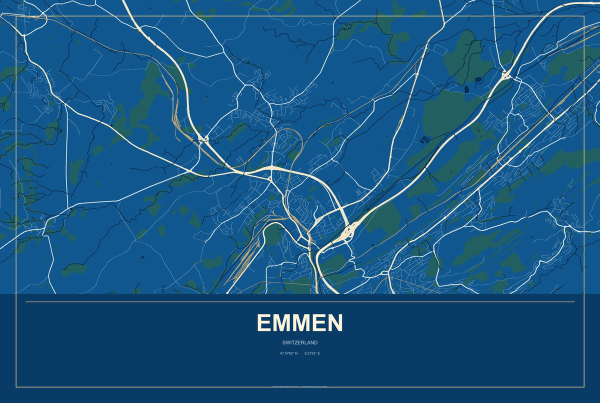 Emmen, Switzerland City Map Aluminum Sign in Harbor Cobalt style