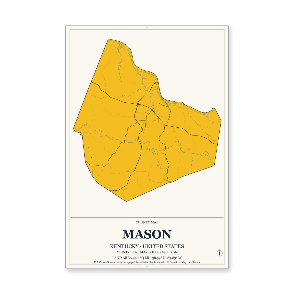 Mason County, Kentucky Map Aluminum Sign in Citrine Modern style