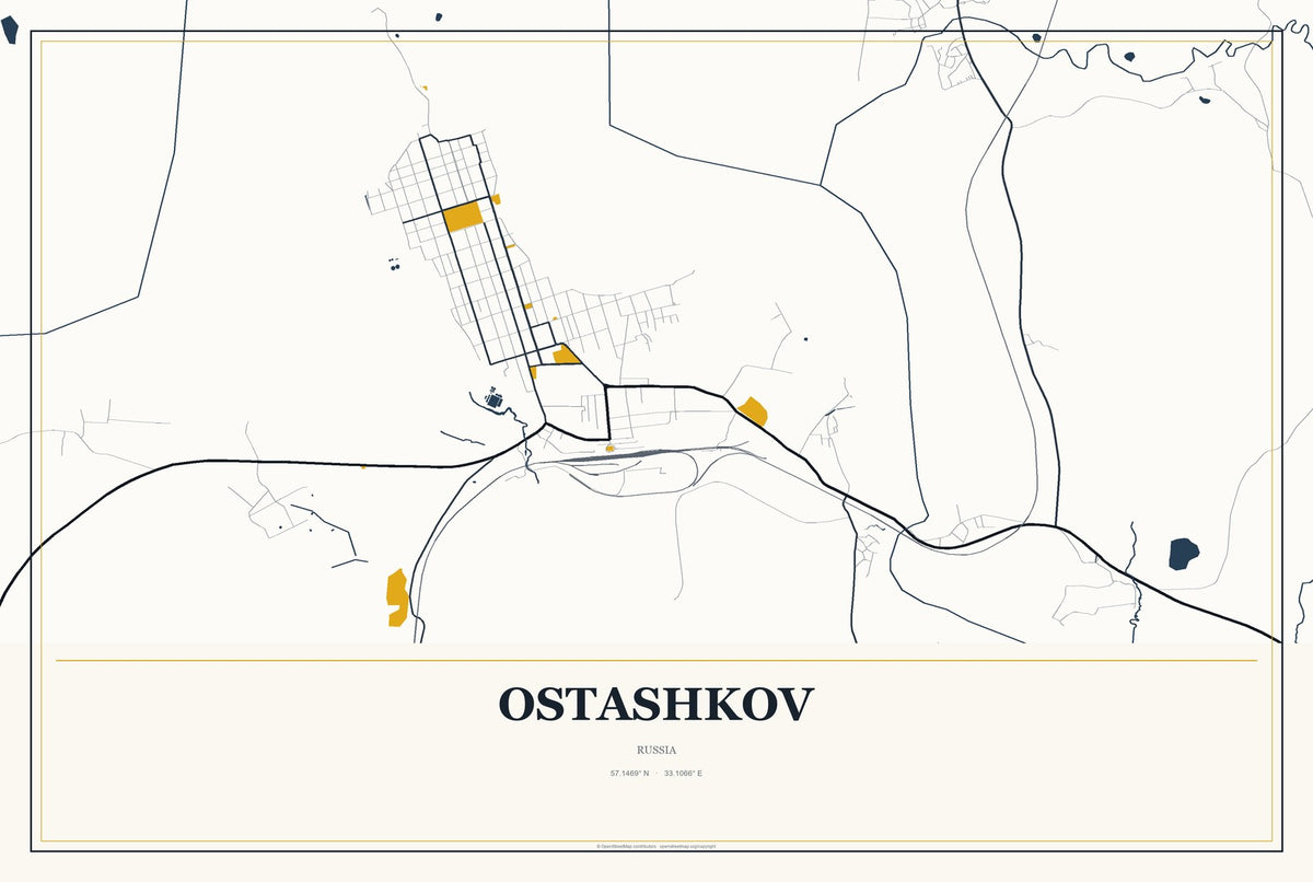 Ostashkov, Russia City Map Aluminum Sign in Citrine Modern style
