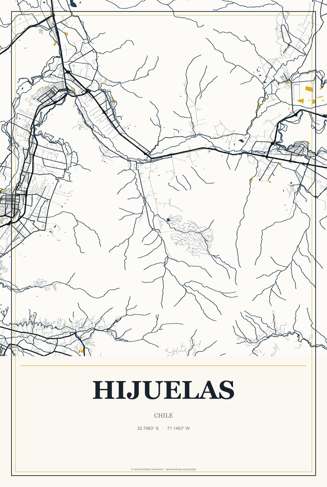 Hijuelas, Chile City Map Aluminum Sign in Citrine Modern style
