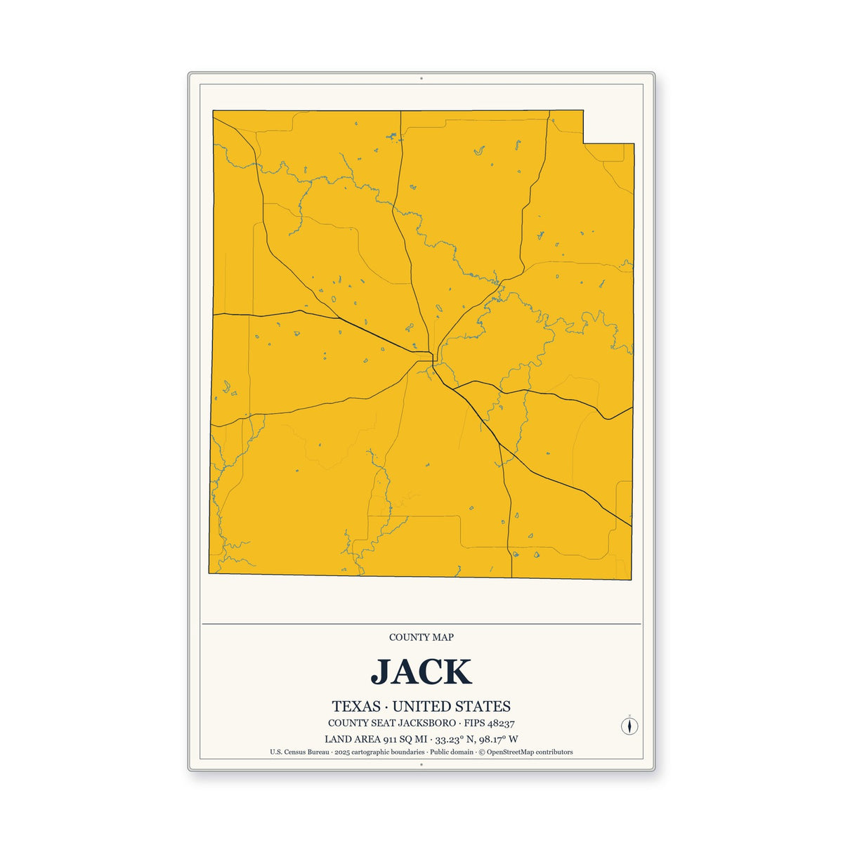 Jack County, Texas Map Aluminum Sign in Citrine Modern style