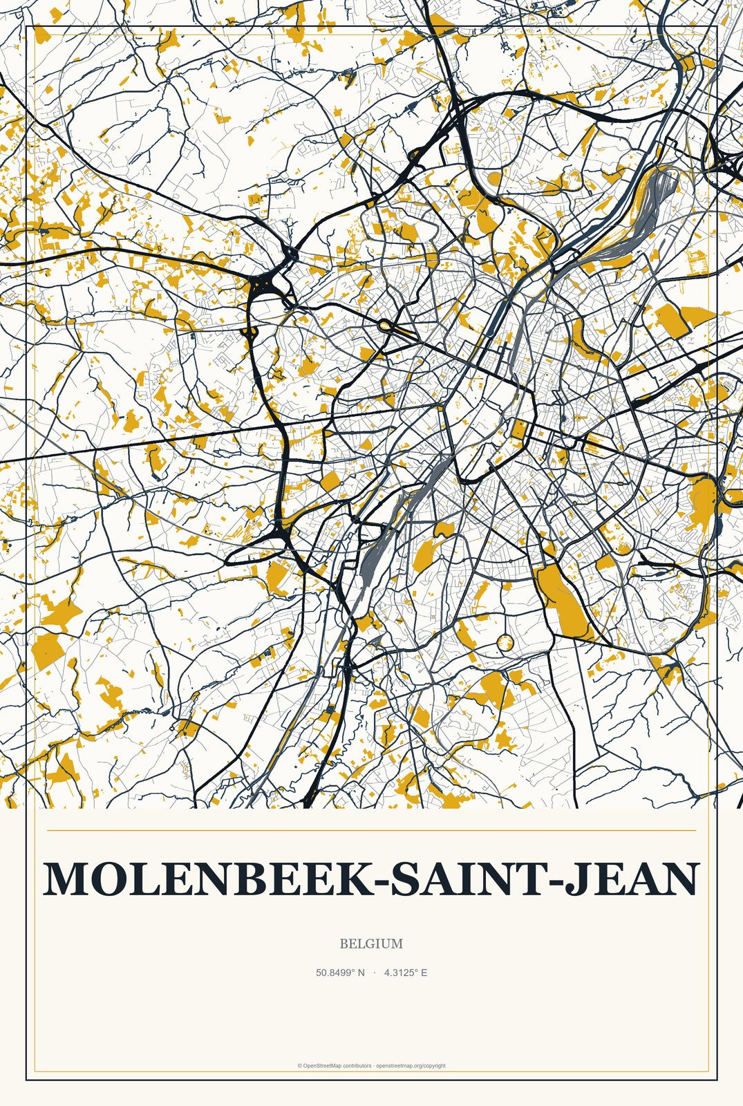 Molenbeek-Saint-Jean, Belgium City Map Aluminum Sign in Citrine Modern style