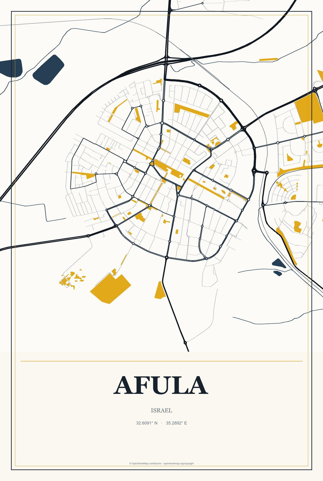 Afula, Israel City Map Aluminum Sign in Citrine Modern style