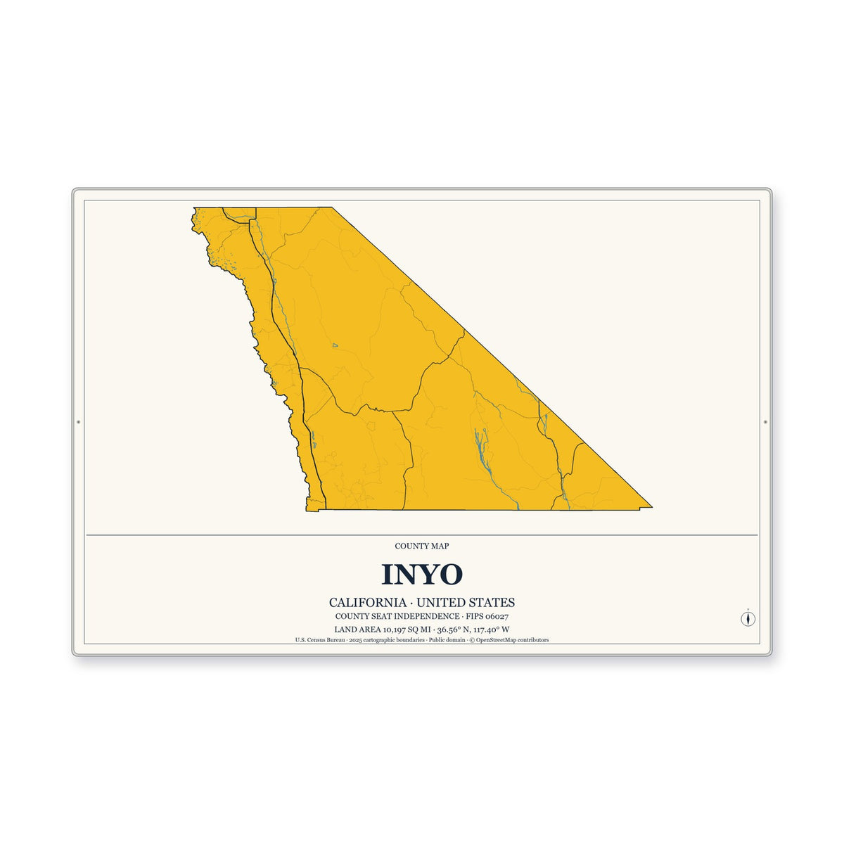 Inyo County, California Map Aluminum Sign in Citrine Modern style