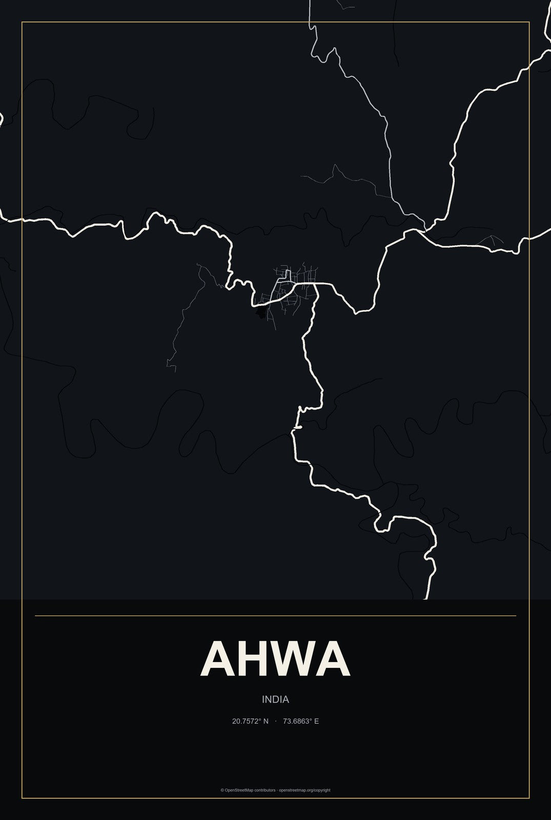 Ahwa, India City Map Aluminum Sign in Metropolitan Noir style