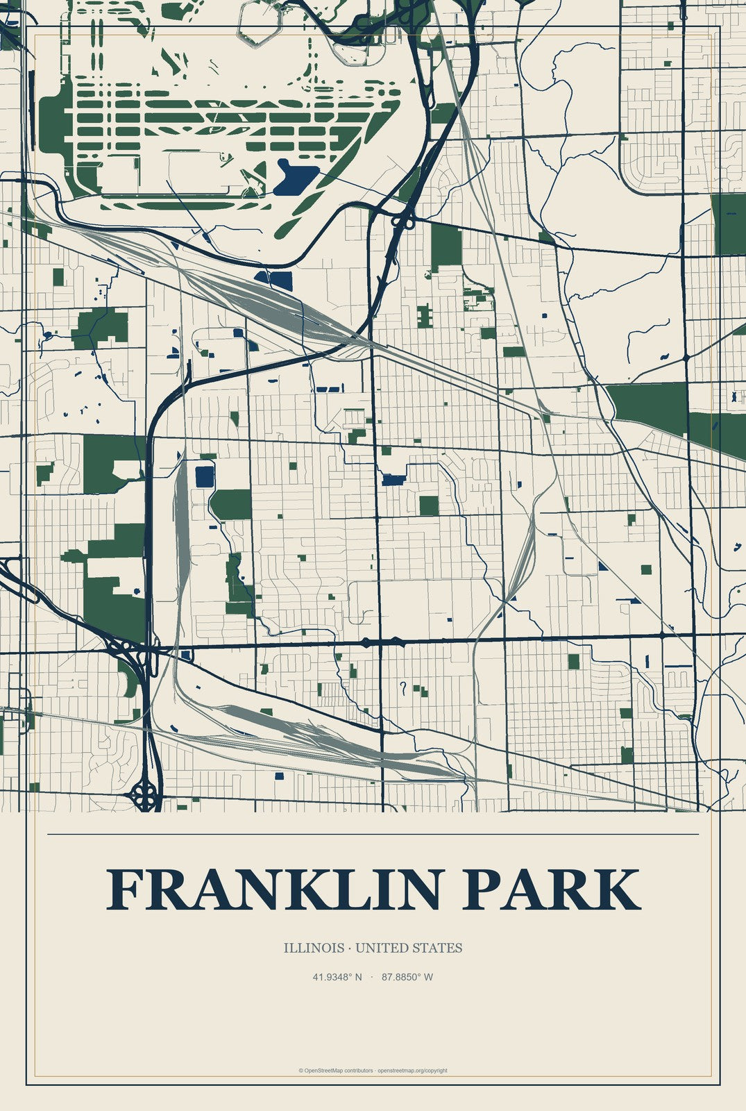 Franklin Park, Illinois City Map Aluminum Sign in Coastal Cutout style