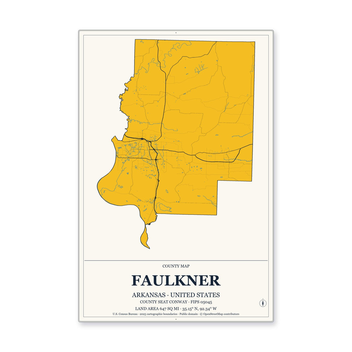 Faulkner County, Arkansas Map Aluminum Sign in Citrine Modern style