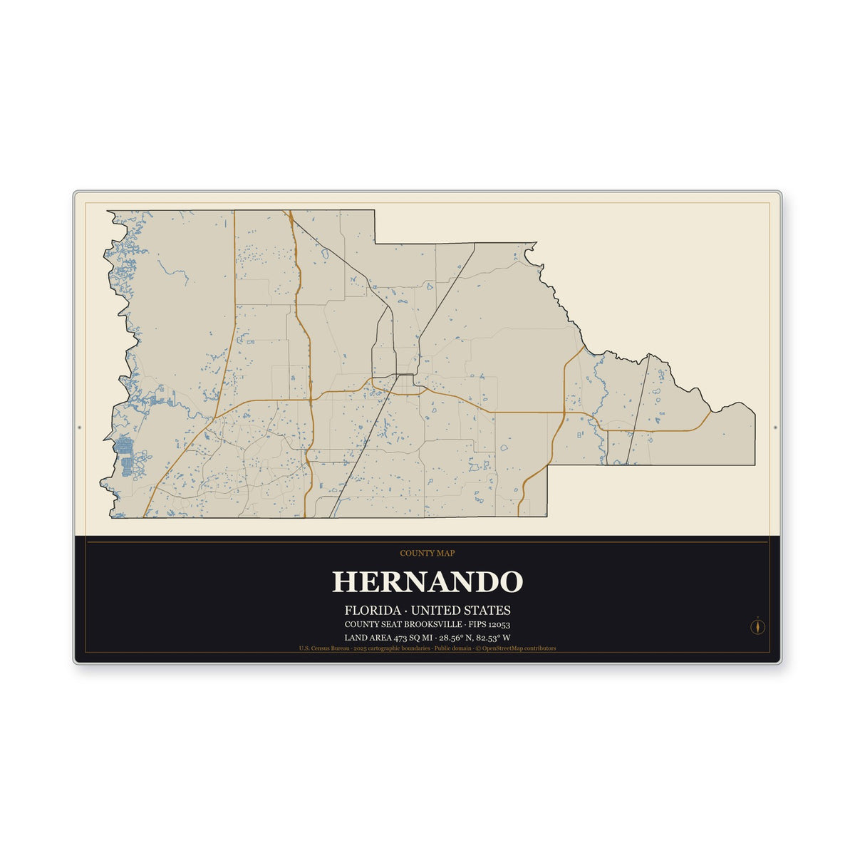Hernando County, Florida Map Aluminum Sign in Museum Plaque style