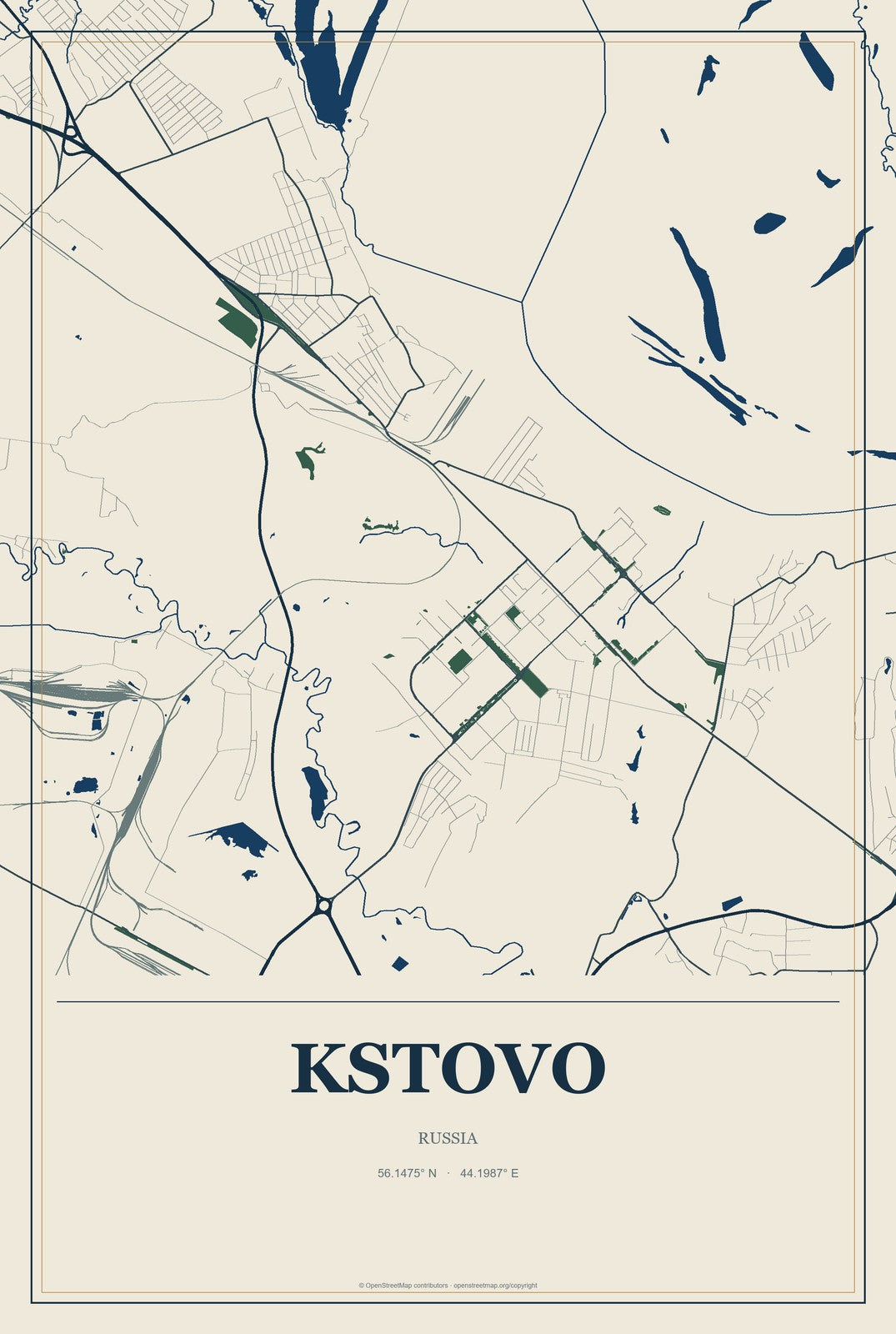 Kstovo, Russia City Map Aluminum Sign in Coastal Cutout style