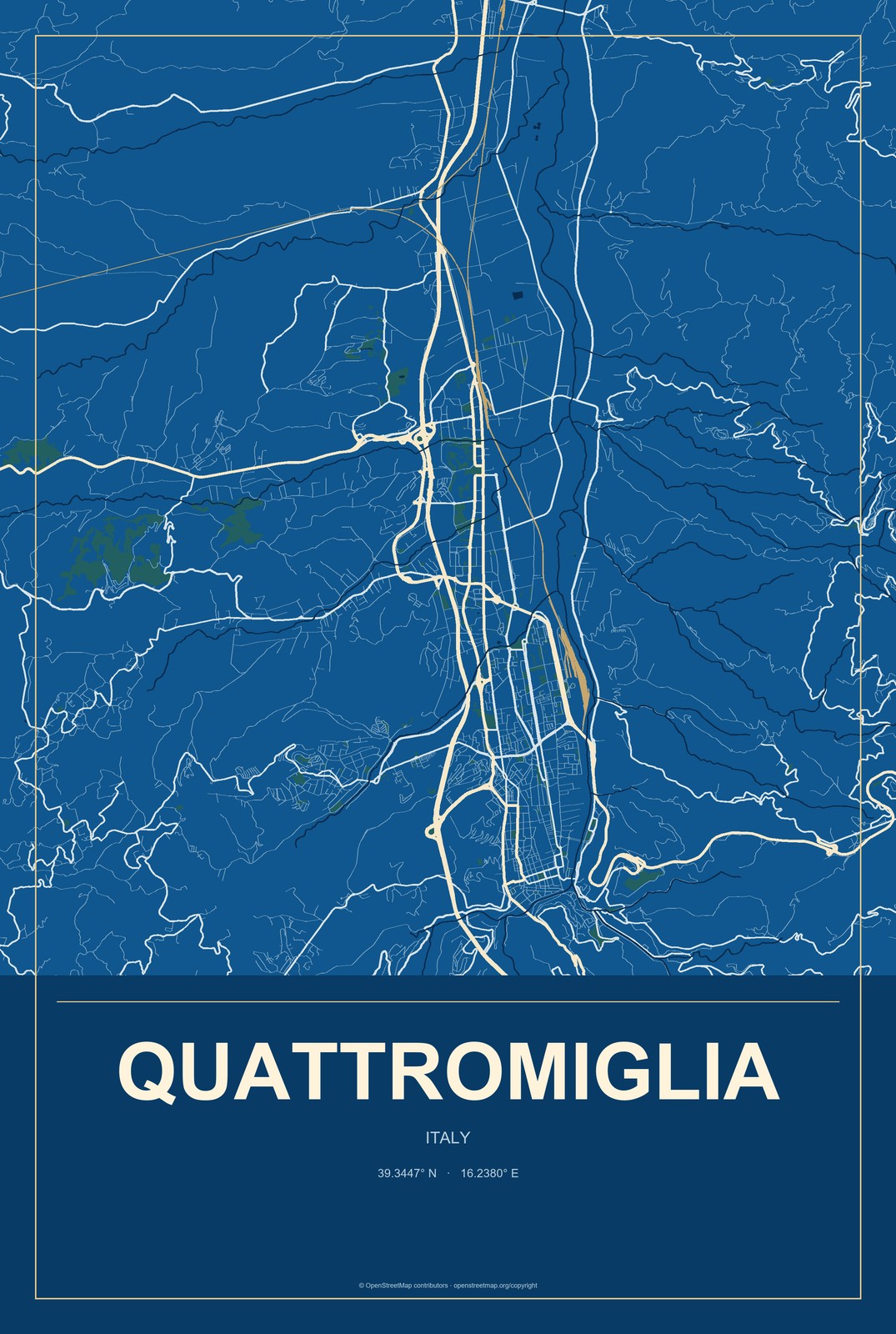 Quattromiglia, Italy City Map Aluminum Sign in Harbor Cobalt style