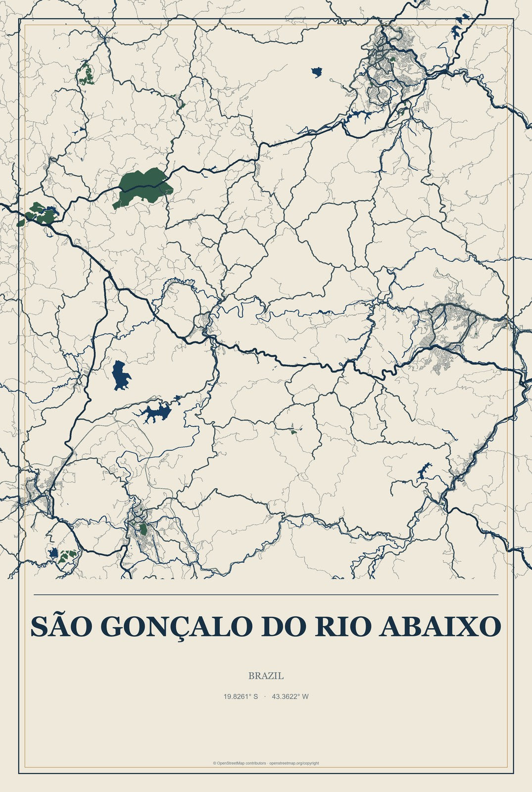 São Gonçalo do Rio Abaixo, Brazil City Map Aluminum Sign in Coastal Cutout style