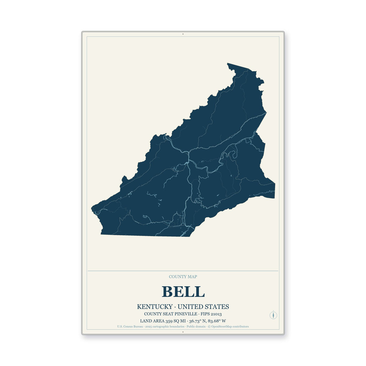 Bell County, Kentucky Map Aluminum Sign in Coastal Cutout style