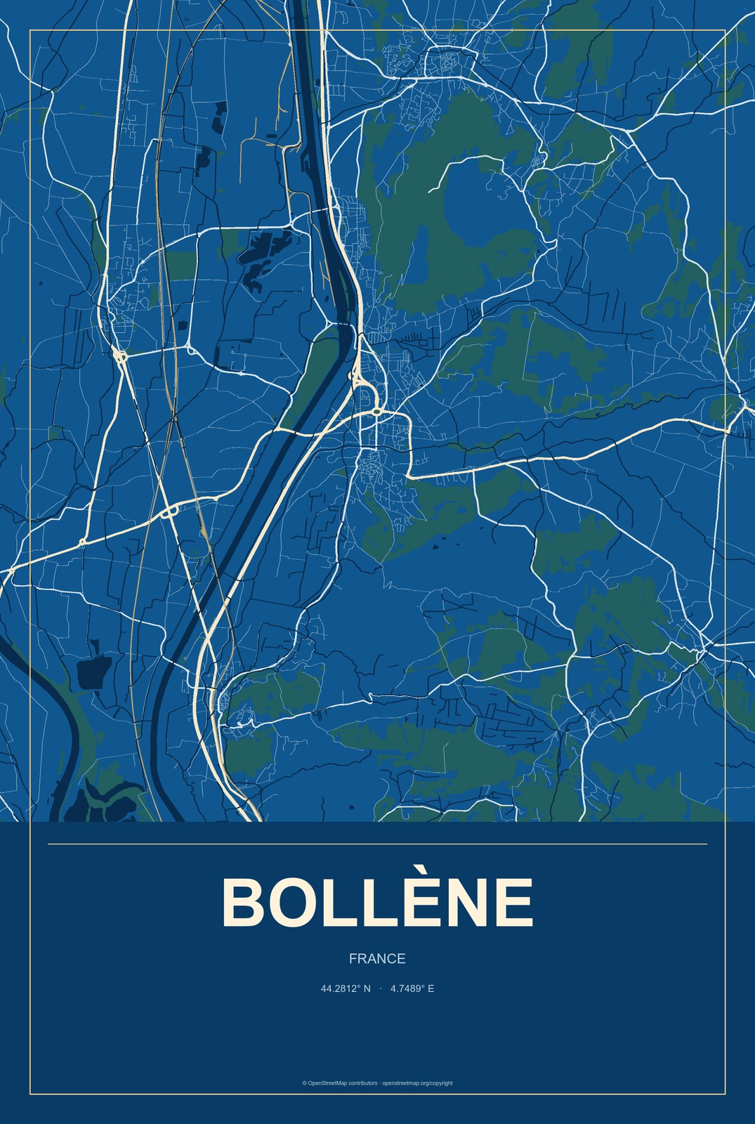 Bollène, France City Map Aluminum Sign in Harbor Cobalt style