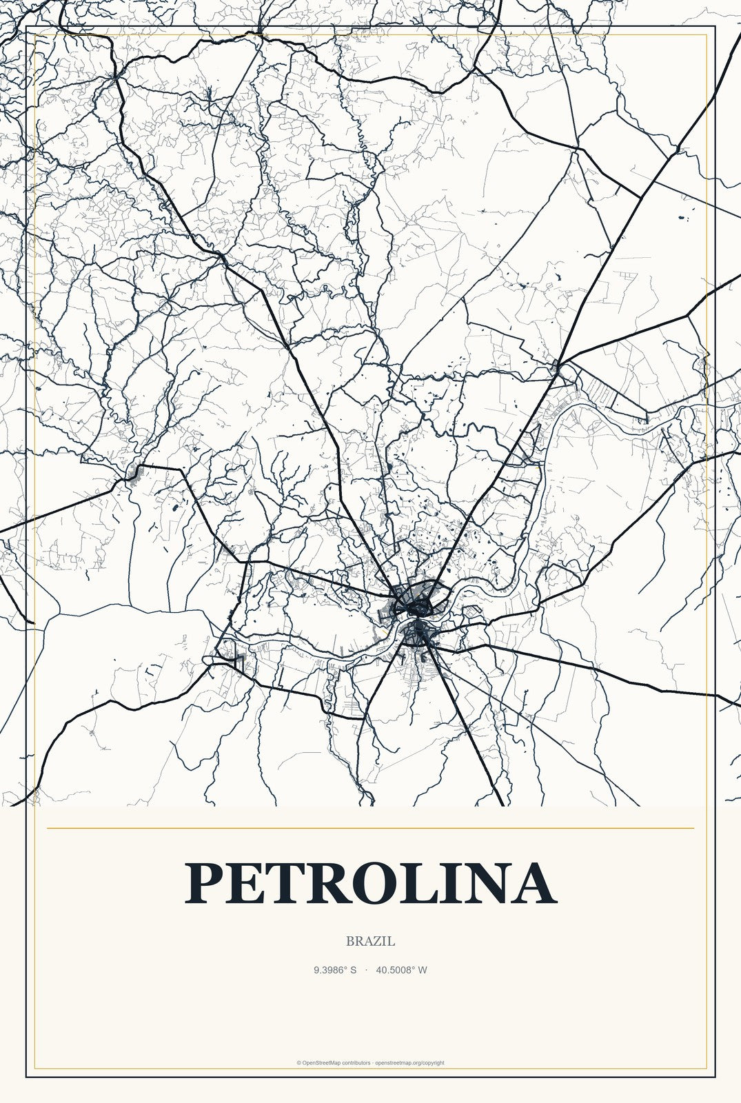 Petrolina, Brazil City Map Aluminum Sign in Citrine Modern style