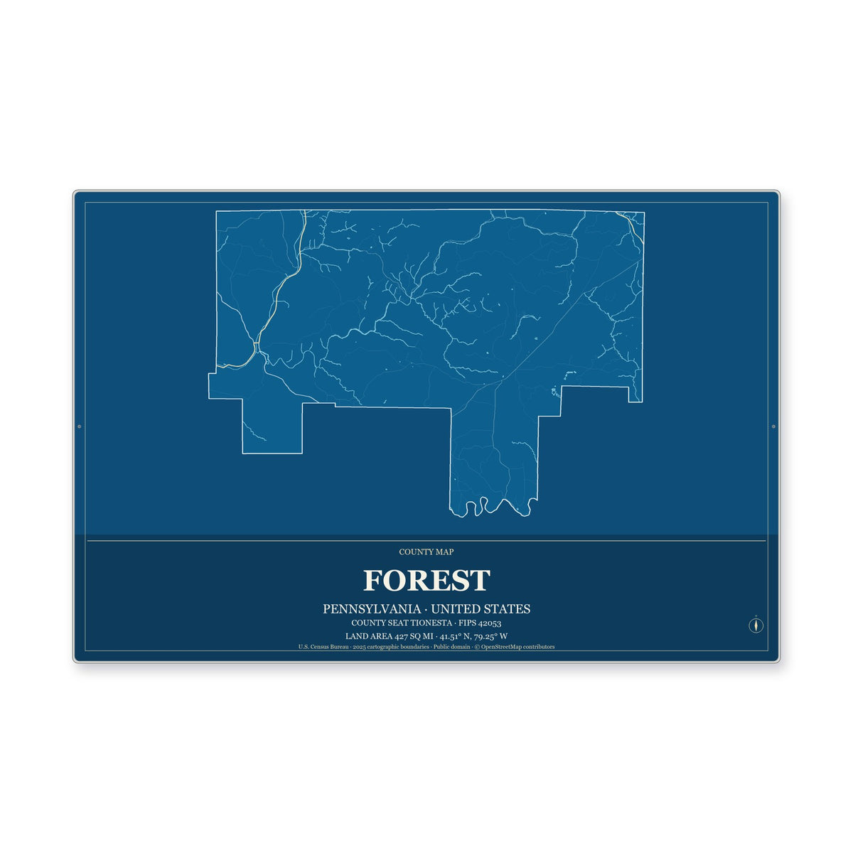 Forest County, Pennsylvania Map Aluminum Sign in Harbor Cobalt style