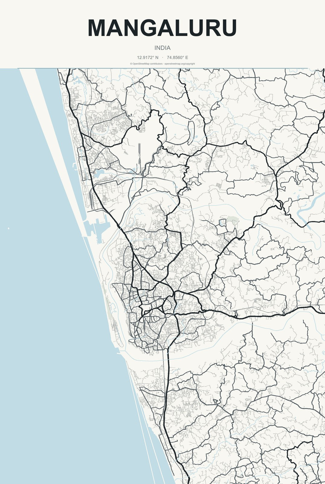 Mangaluru, India City Map Aluminum Sign in Headline Atlas style