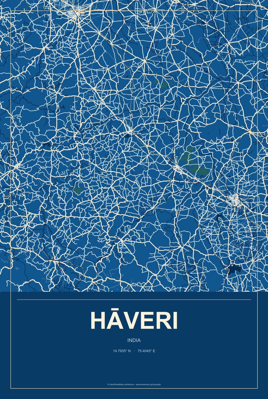 Hāveri, India City Map Aluminum Sign in Harbor Cobalt style