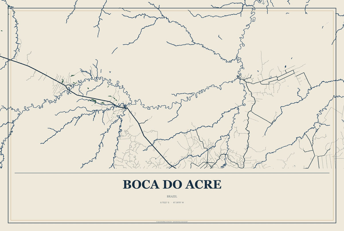 Boca do Acre, Brazil City Map Aluminum Sign in Coastal Cutout style