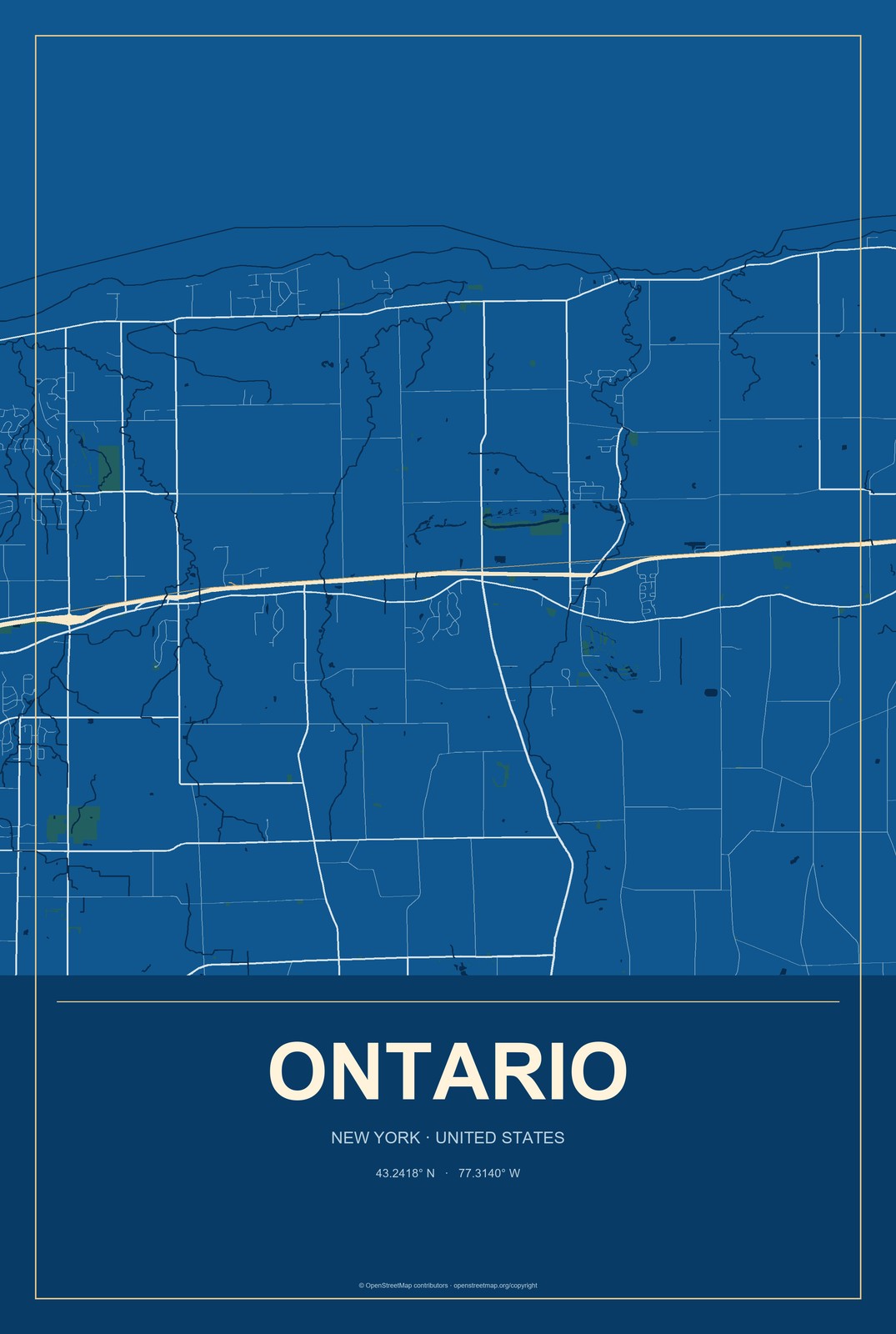 Ontario, New York City Map Aluminum Sign in Harbor Cobalt style