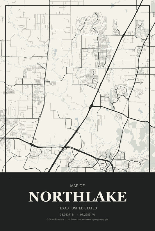 Northlake, Texas City Map Aluminum Sign in Museum Plaque style
