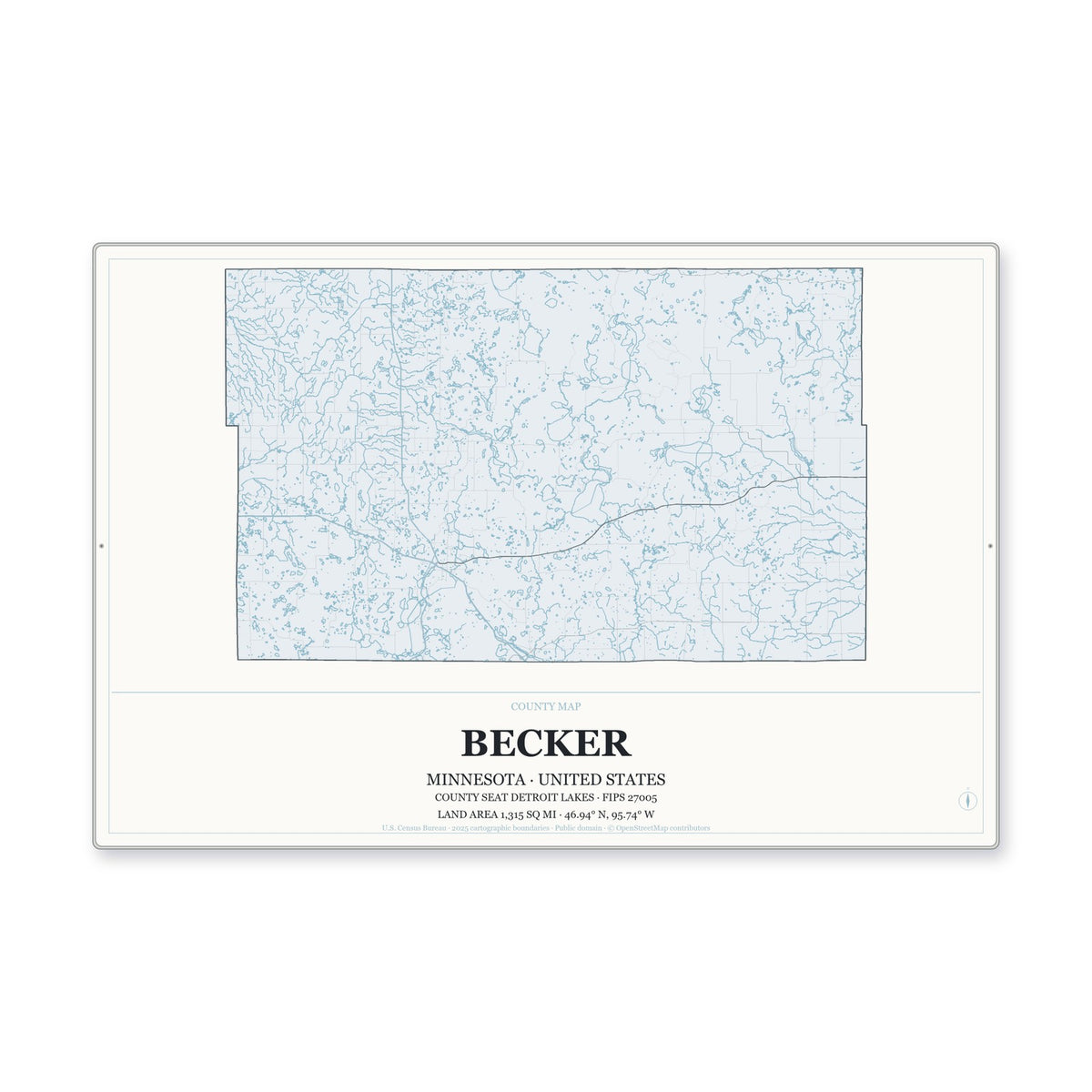 Becker County, Minnesota Map Aluminum Sign in Gallery Air style