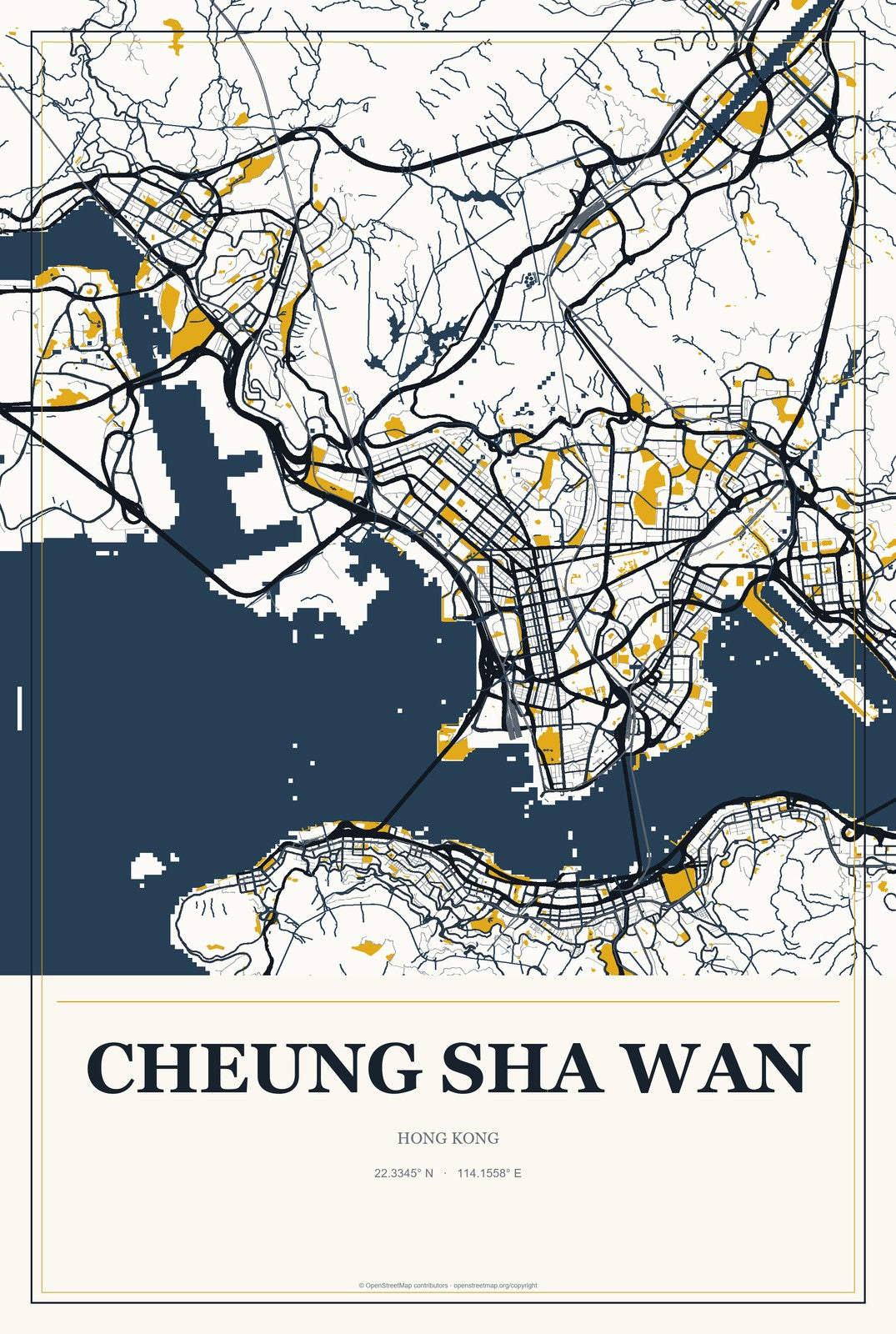 Cheung Sha Wan, Hong Kong City Map Aluminum Sign in Citrine Modern style