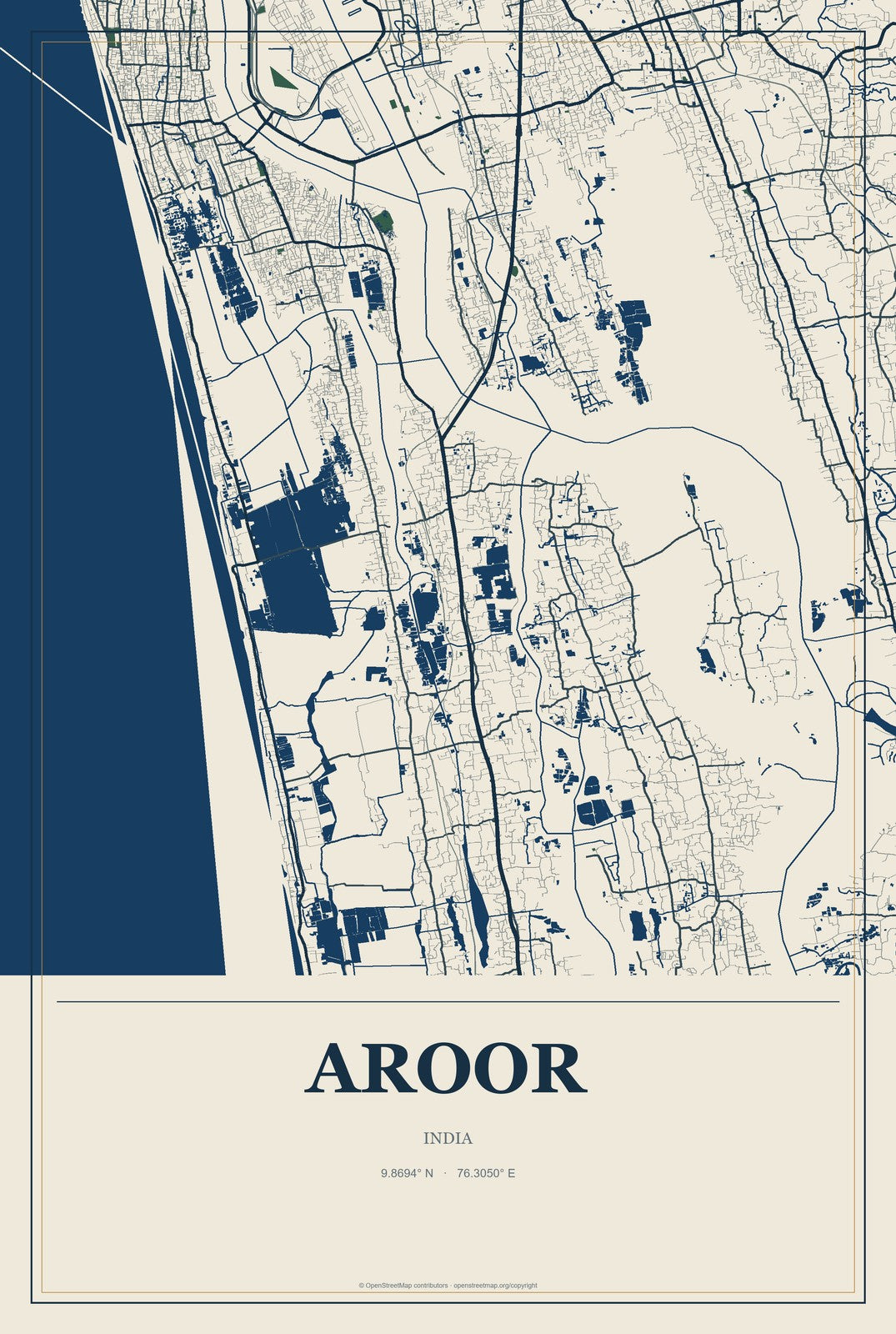 Aroor, India City Map Aluminum Sign in Coastal Cutout style