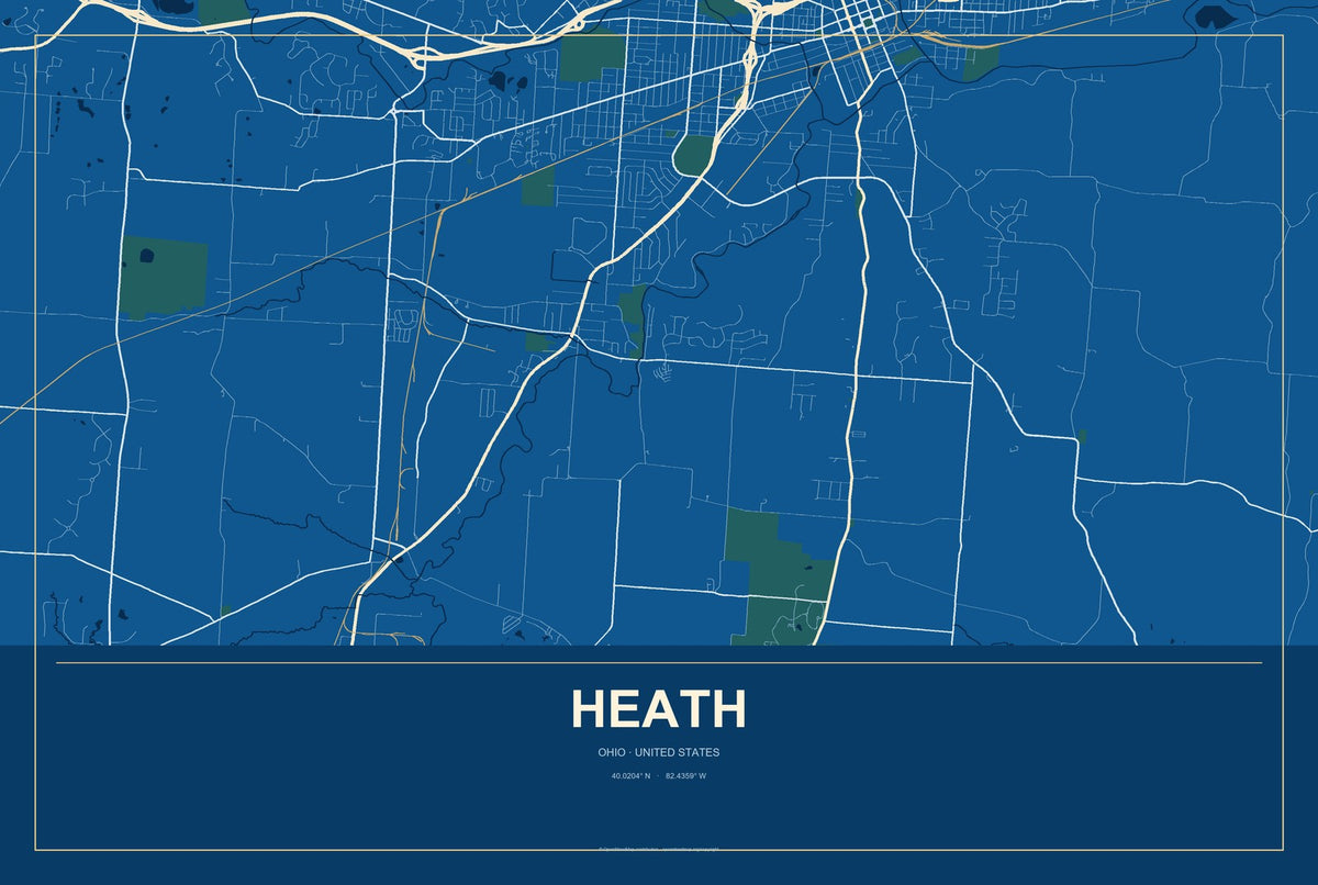 Heath, Ohio City Map Aluminum Sign in Harbor Cobalt style