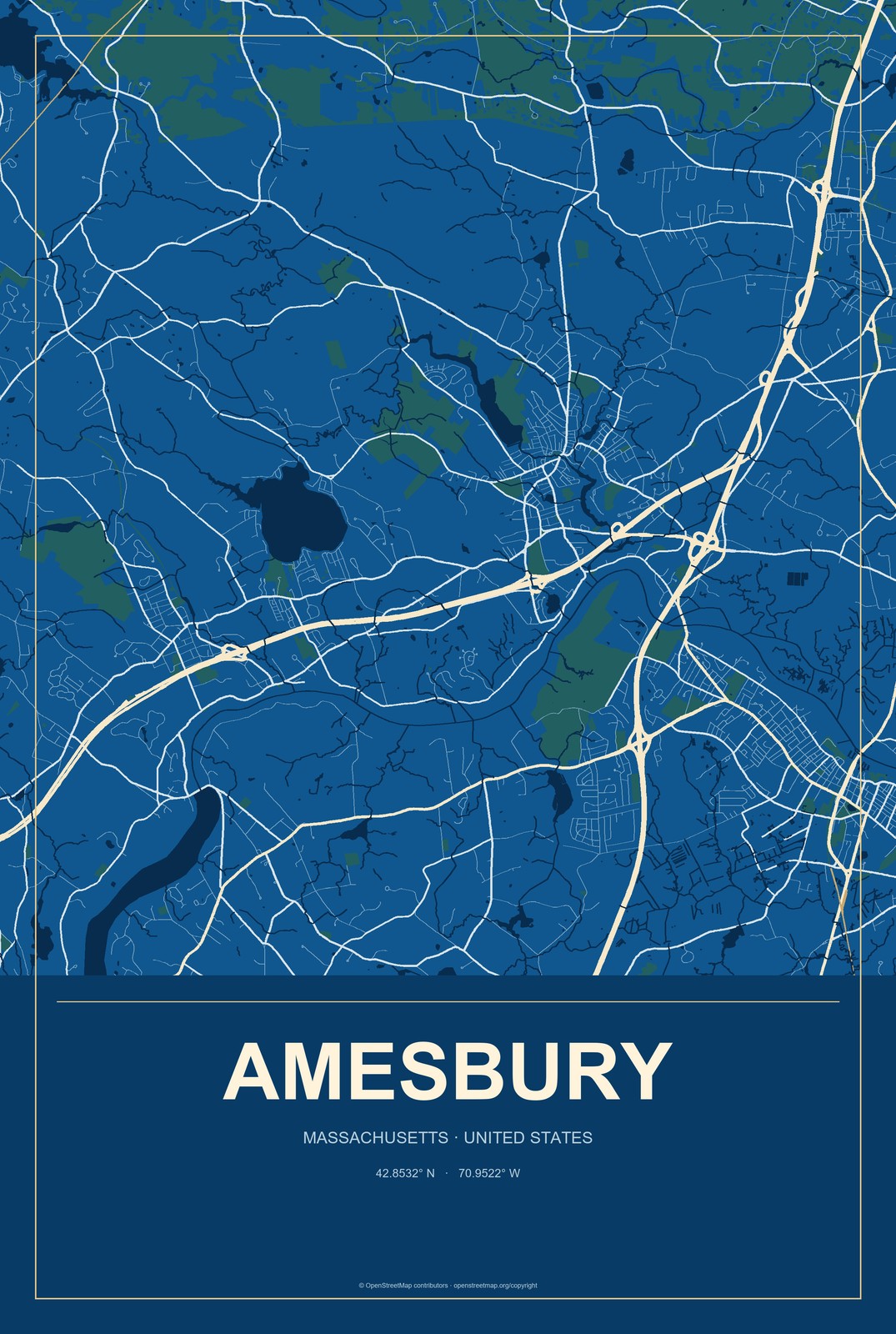 Amesbury, Massachusetts City Map Aluminum Sign in Harbor Cobalt style