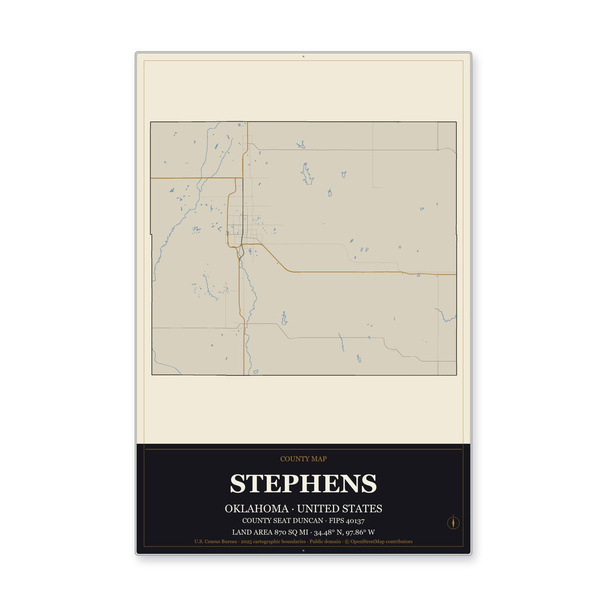 Stephens County, Oklahoma Map Aluminum Sign in Museum Plaque style