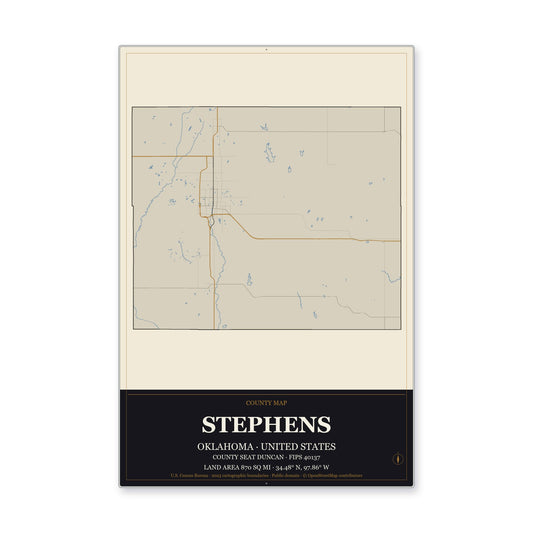 Stephens County, Oklahoma Map Aluminum Sign in Museum Plaque style