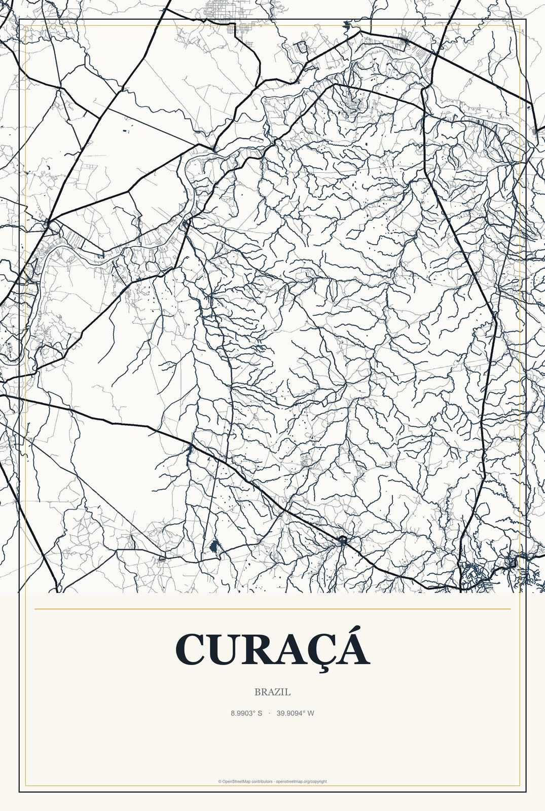 Curaçá, Brazil City Map Aluminum Sign in Citrine Modern style