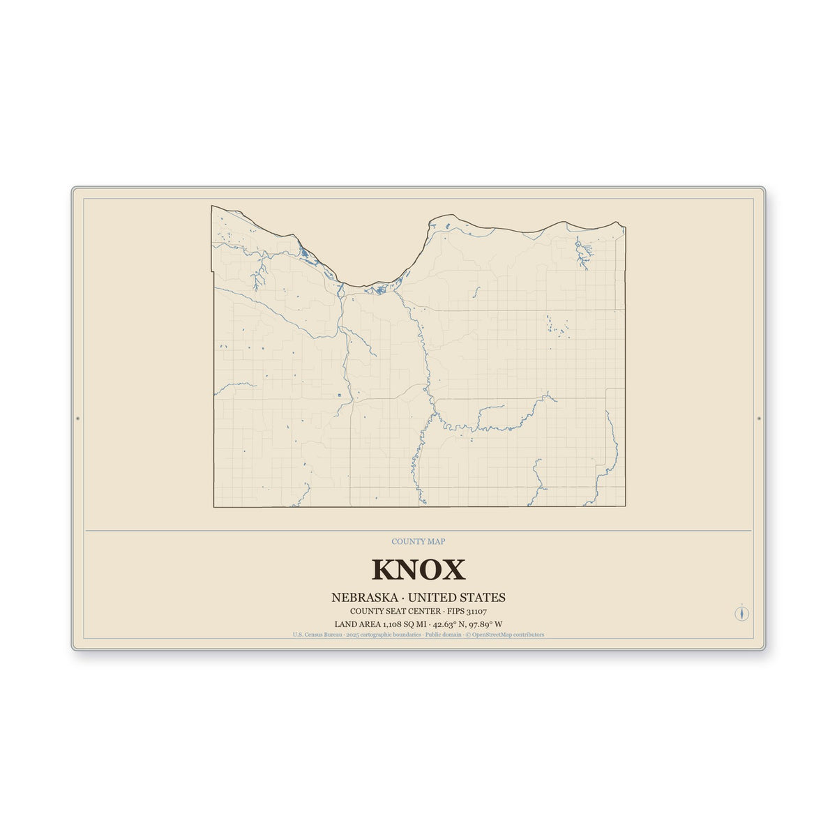 Knox County, Nebraska Map Aluminum Sign in Heritage Nautical style