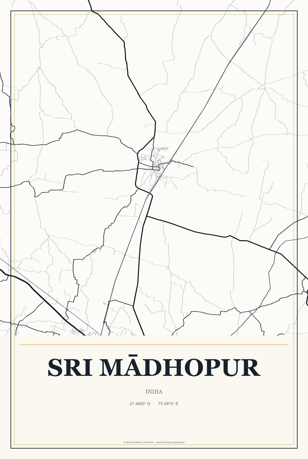 Sri Mādhopur, India City Map Aluminum Sign in Citrine Modern style