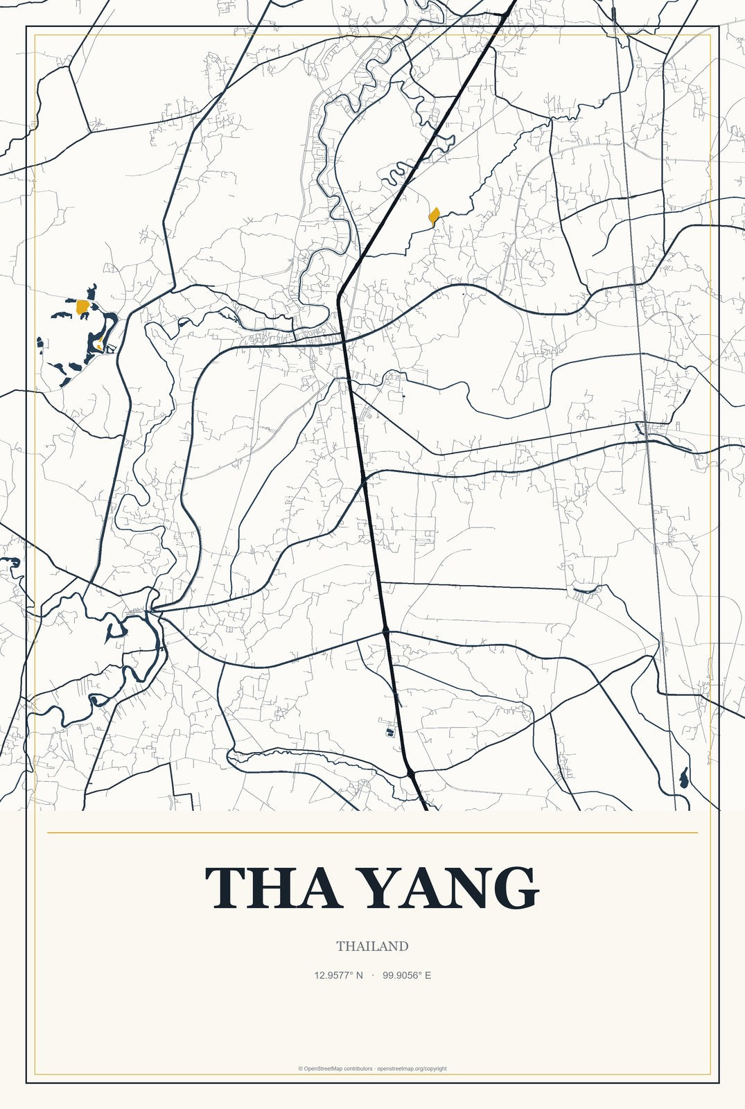 Tha Yang, Thailand City Map Aluminum Sign in Citrine Modern style
