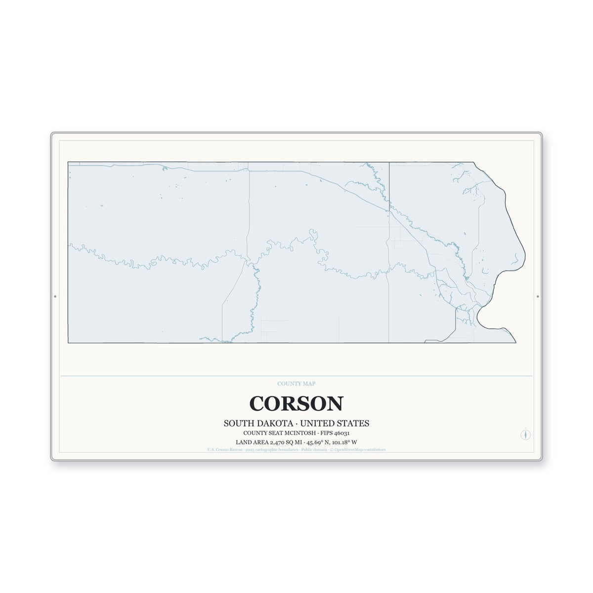 Corson County, South Dakota Map Aluminum Sign in Gallery Air style