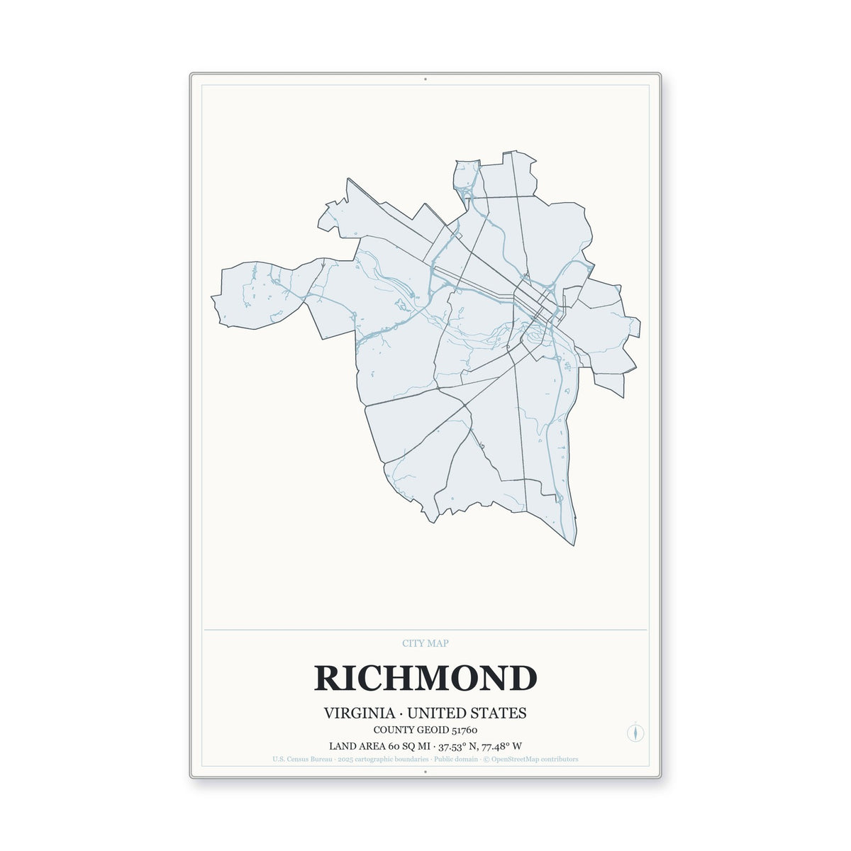 Richmond city, Virginia Map Aluminum Sign in Gallery Air style