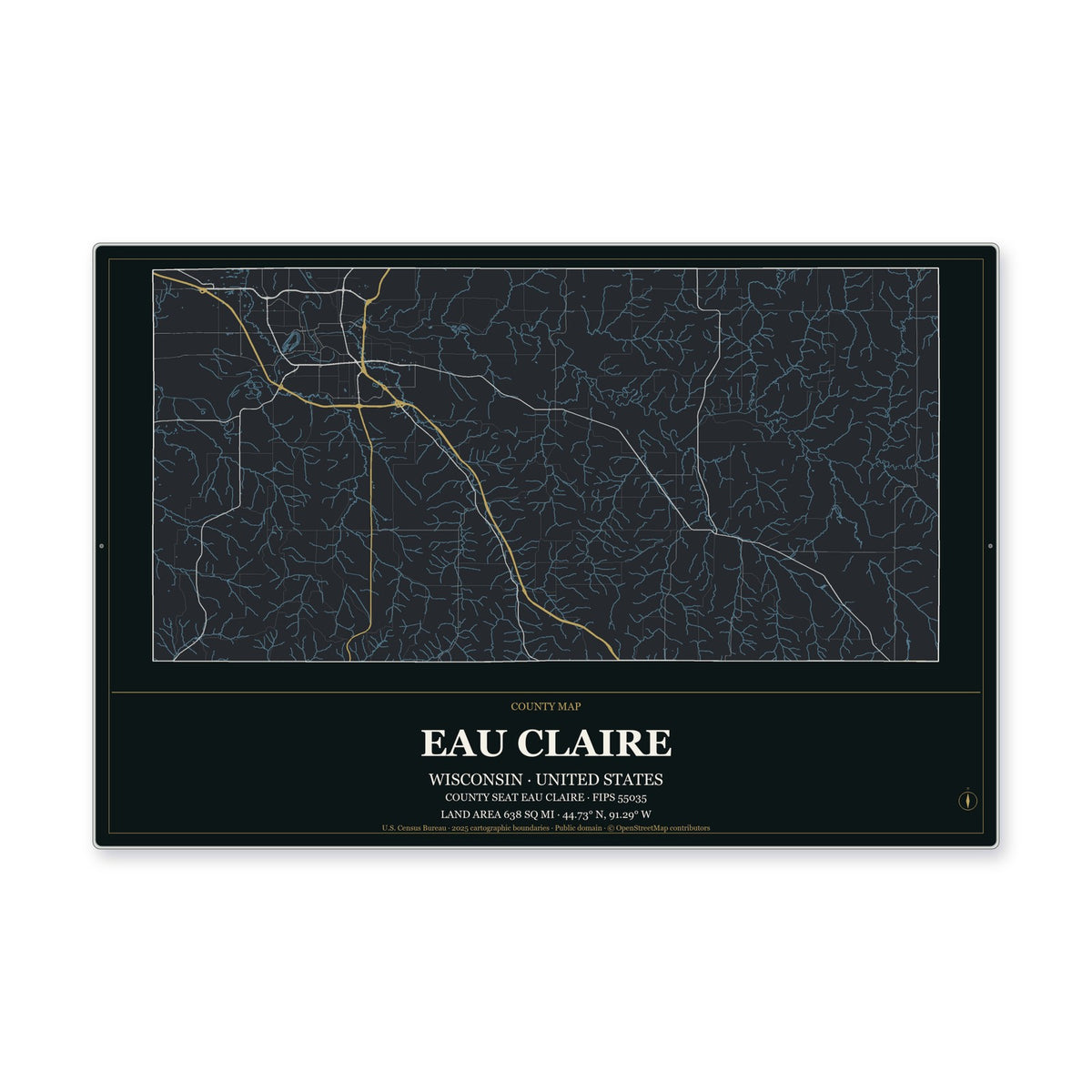 Eau Claire County, Wisconsin Map Aluminum Sign in Metropolitan Noir style