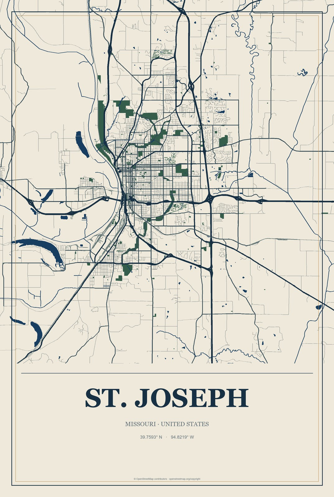 St. Joseph, Missouri City Map Aluminum Sign in Coastal Cutout style