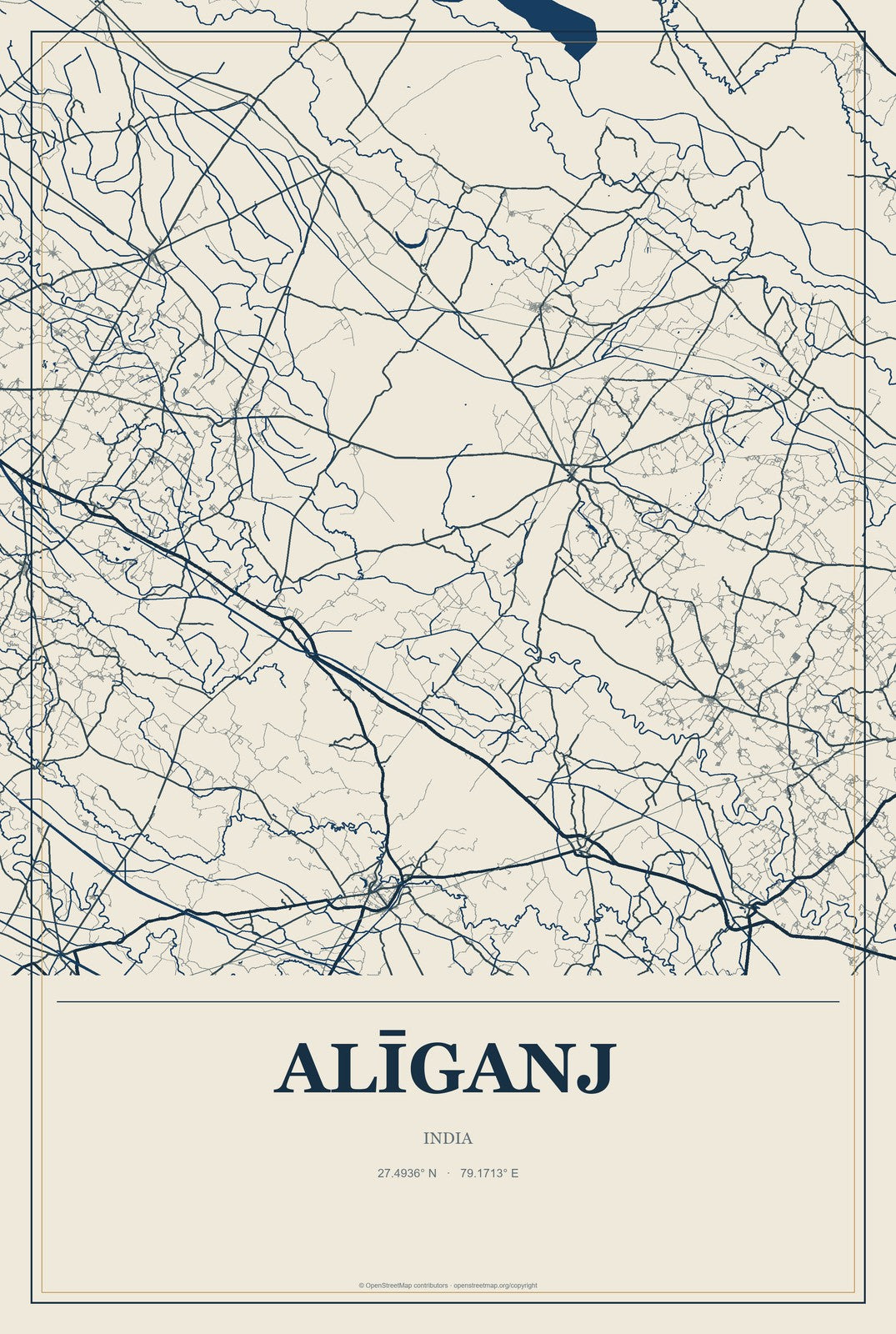 Alīganj, India City Map Aluminum Sign in Coastal Cutout style