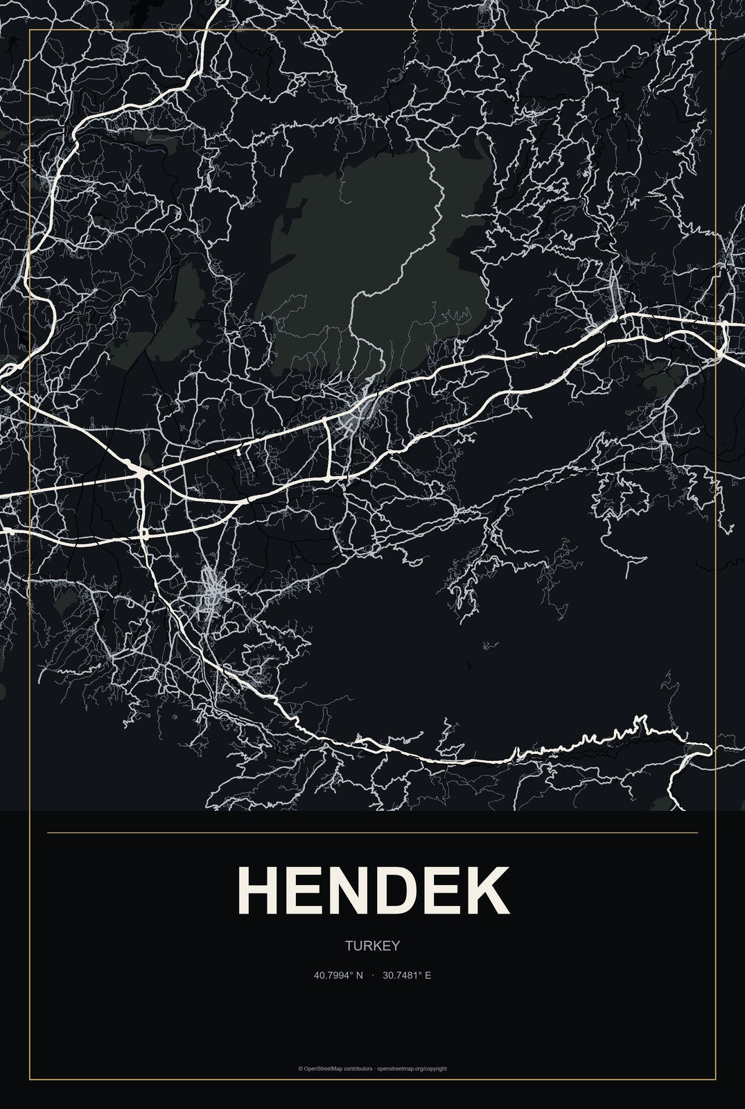 Hendek, Turkey City Map Aluminum Sign in Metropolitan Noir style