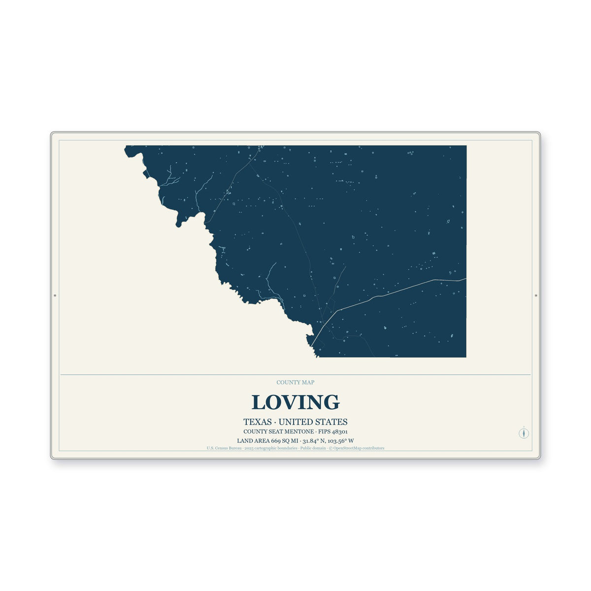 Loving County, Texas Map Aluminum Sign in Coastal Cutout style