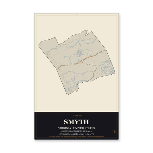 Smyth County, Virginia Map Aluminum Sign in Museum Plaque style