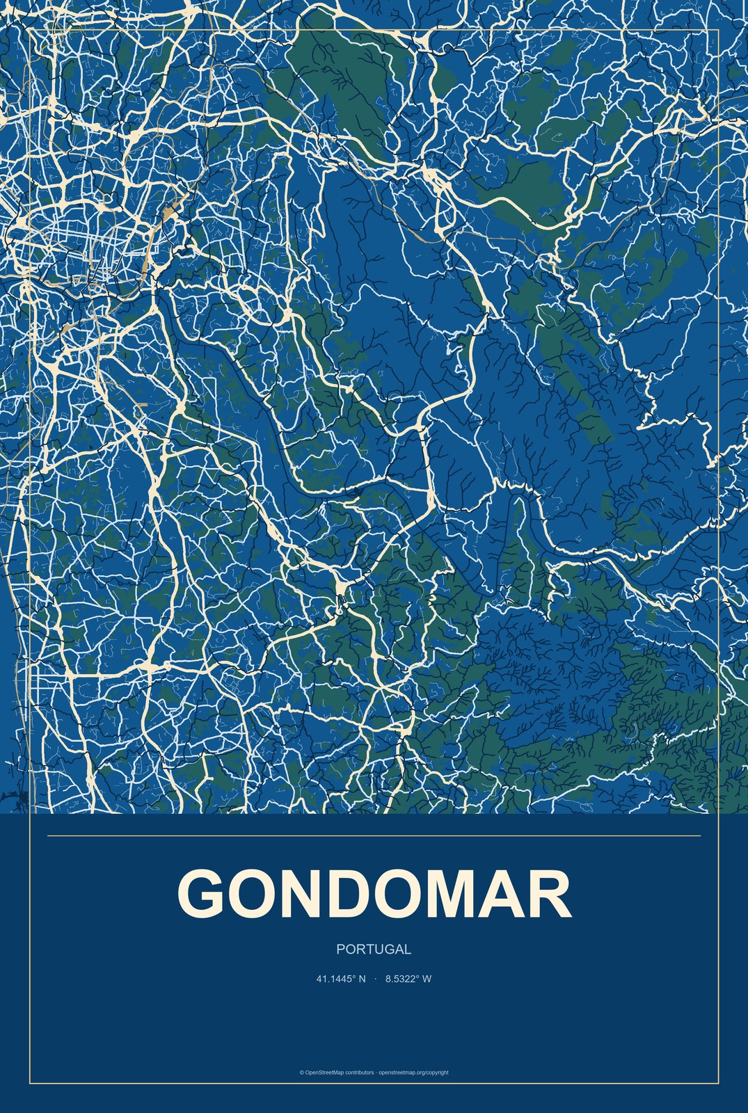 Gondomar, Portugal City Map Aluminum Sign in Harbor Cobalt style