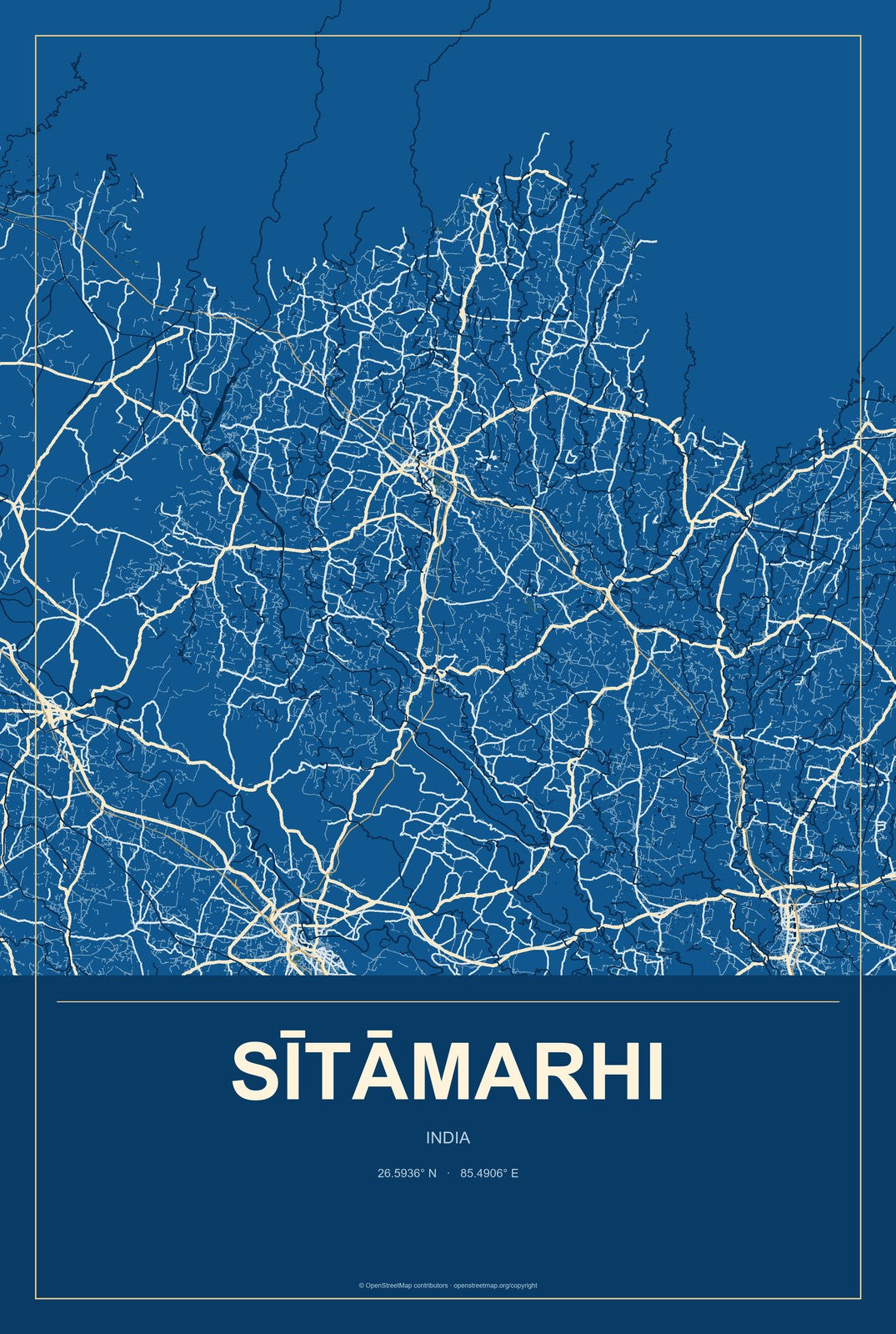 Sītāmarhi, India City Map Aluminum Sign in Harbor Cobalt style
