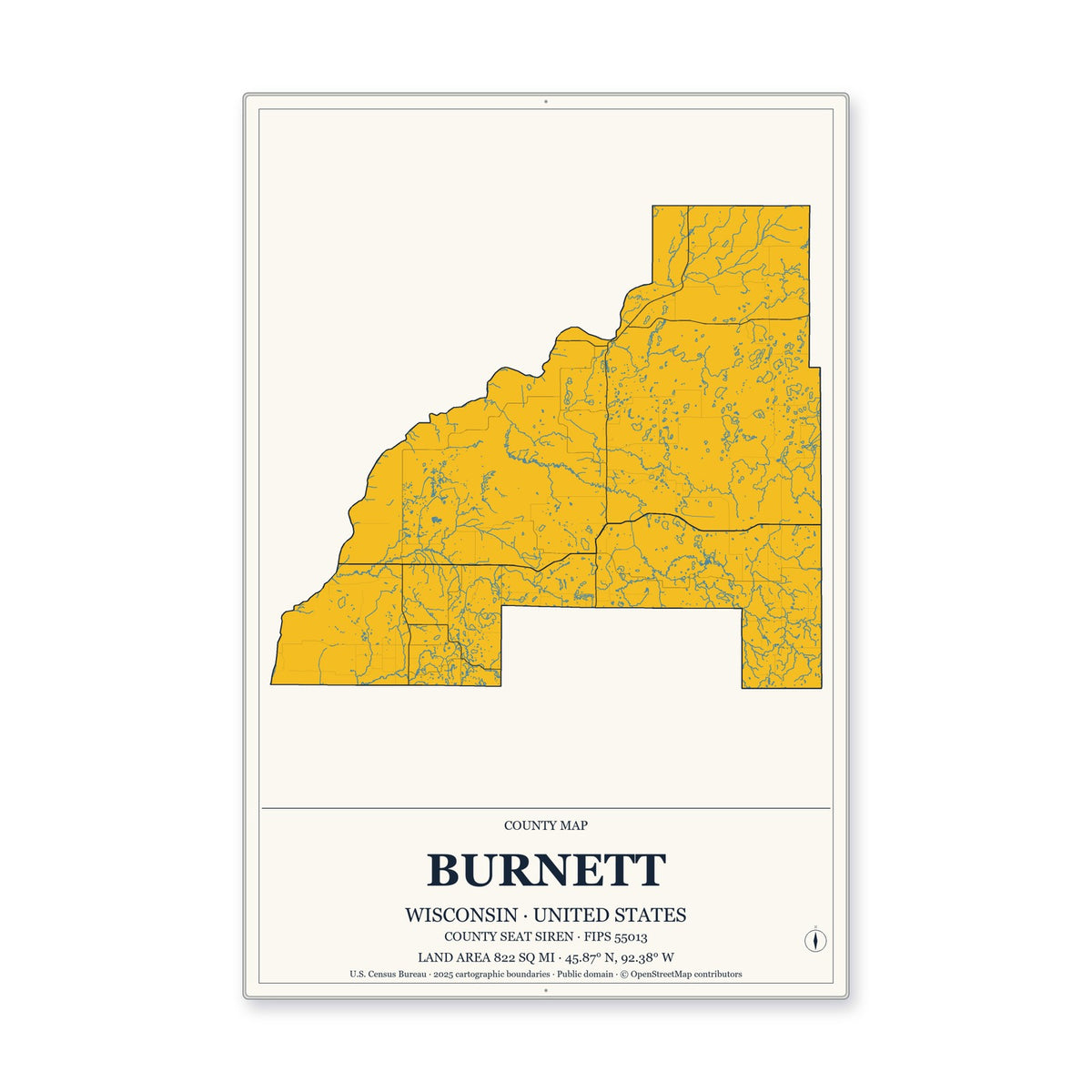 Burnett County, Wisconsin Map Aluminum Sign in Citrine Modern style
