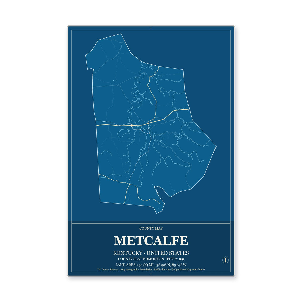 Metcalfe County, Kentucky Map Aluminum Sign in Harbor Cobalt style