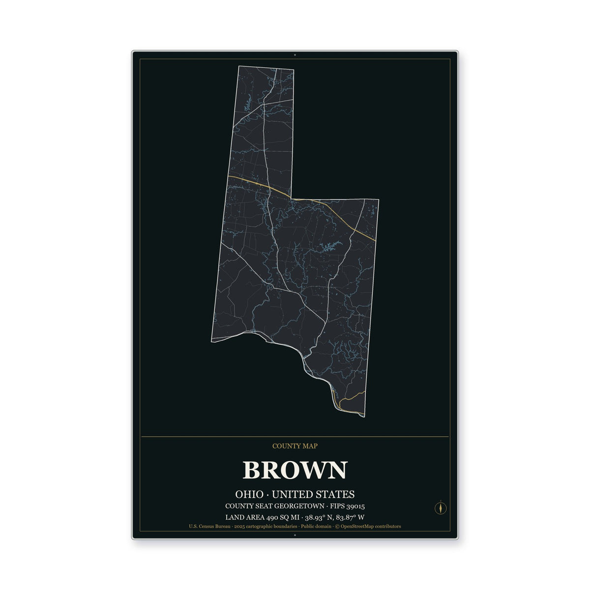 Brown County, Ohio Map Aluminum Sign in Metropolitan Noir style