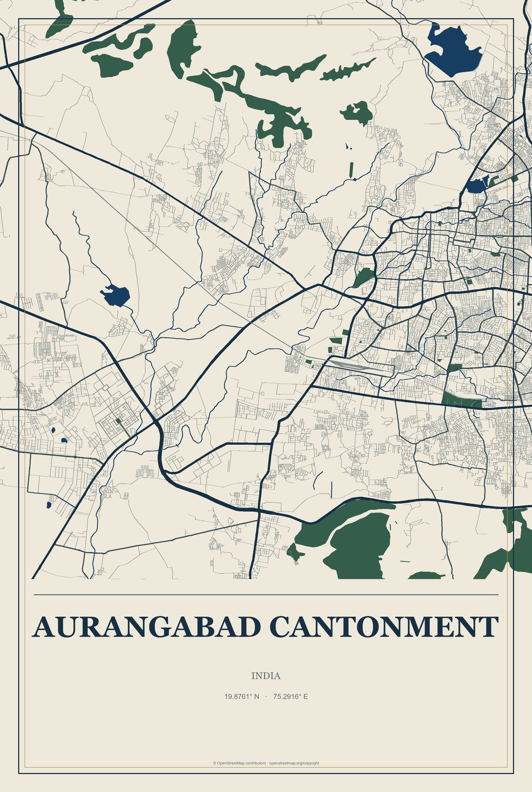 Aurangabad Cantonment, India City Map Aluminum Sign in Coastal Cutout style